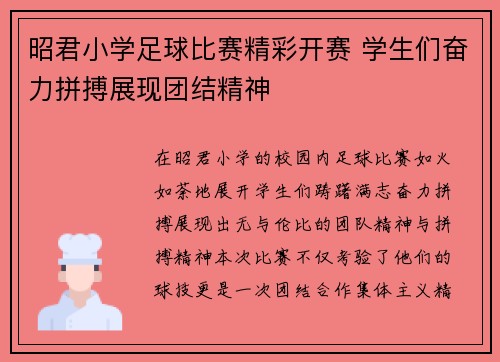 昭君小学足球比赛精彩开赛 学生们奋力拼搏展现团结精神